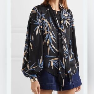 Equipment Black Blouse with neck tie Blue Floral design